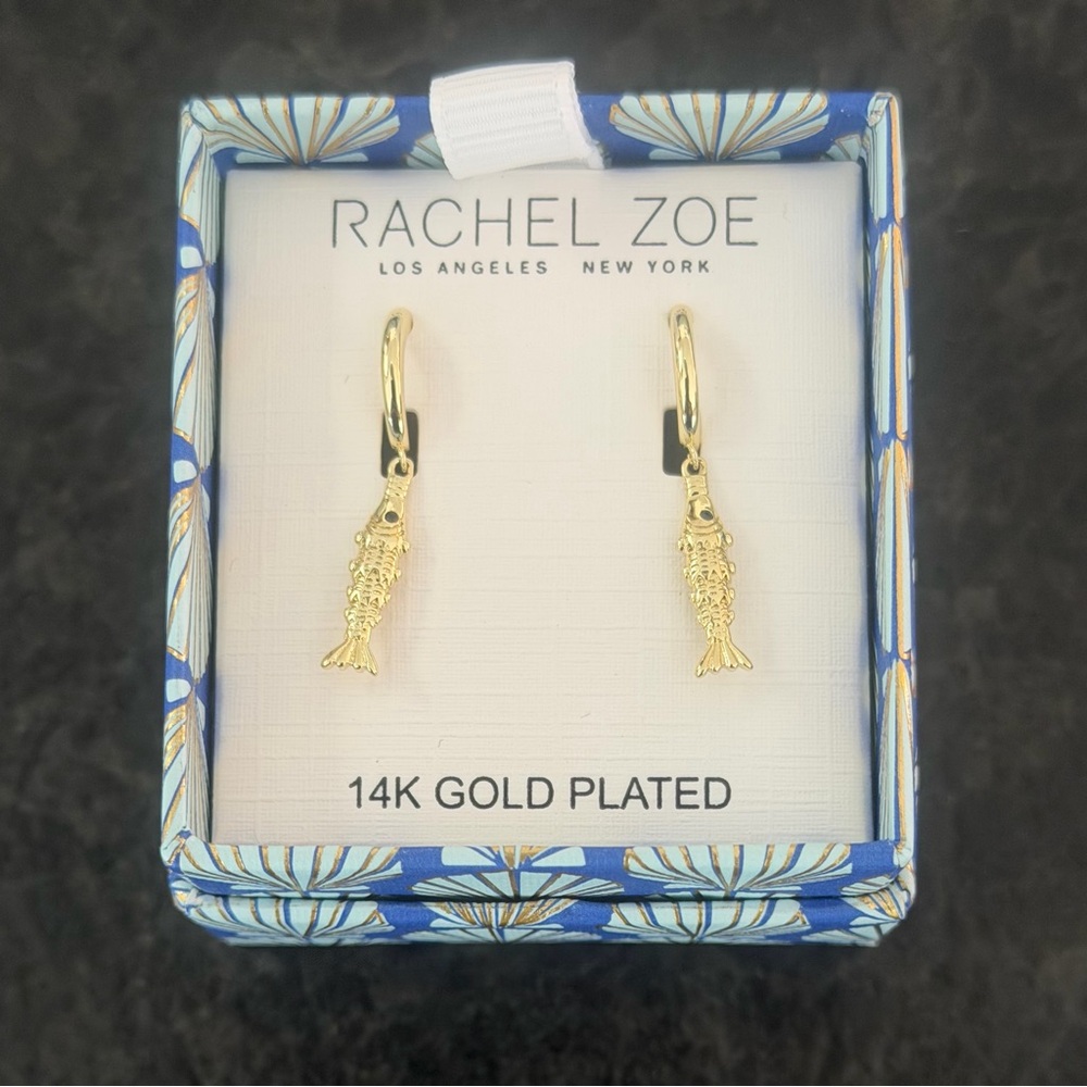 Rachel Zoe 14K Gold Plated Fish Dangle Huggie Hoop Earrings Sardine New Gift Box